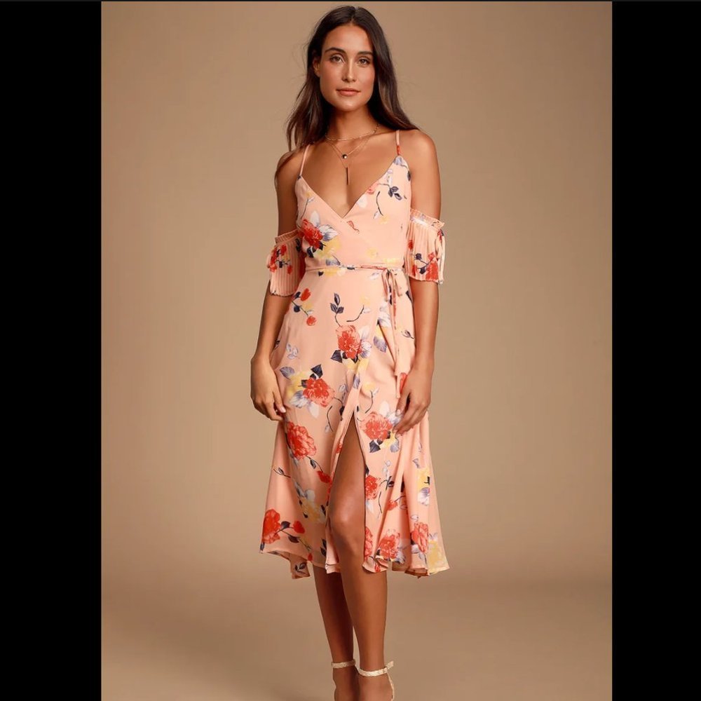 Lulus Hearts Delight Peach Floral Print Cold Shoulder Midi Wrap Dress Large